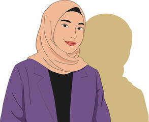 Woman in hijab wearing purple jacket and beige scarf with shadow in minimalist style portrait 