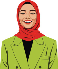 Smiling woman wearing red hijab and green blazer portrait in flat vector style with white background 