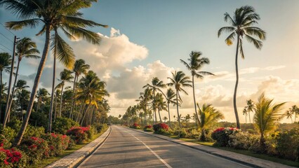 Fototapeta premium Sunny Tropical Road Lined with Palm Trees and Lush Red Bougainvillea Under a Clear Blue Sky at Golden Hour, Leading to a Coastal Paradise