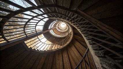 Looking Up Through a Grand Wooden Spiral Staircase - Abstract Architectural Perspective with Light and Shadow