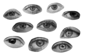 Retro halftone collage eye for use in mixed media designs. Dotted pop art style open human eye with half-tone texture. black and white illustration of vintage grunge punk crazy art stencils. 