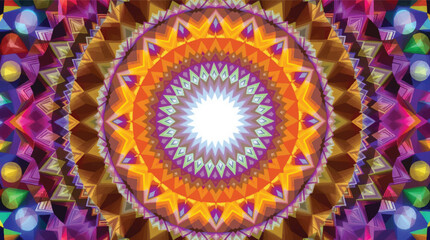 Intricate and colorful geometric kaleidoscope pattern with bright light center for design.