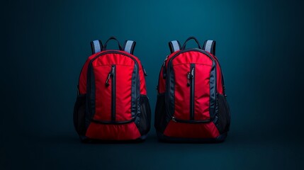 Two red backpacks stand against a dark blue backdrop, featuring black trim and adjustable striped shoulder straps.