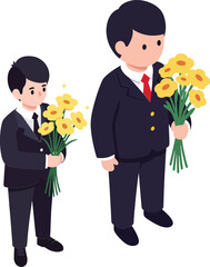 Two boys holding yellow flowers dressed in suits in minimalist style with white background 