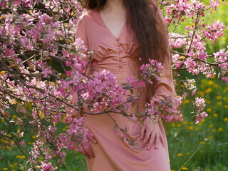 Young woman in pink dress. Beautiful young woman with long red curly hair in a long pink dress in a...