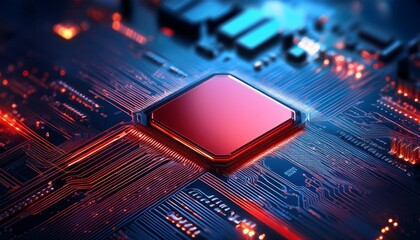 close up of futuristic red microchip on digital circuit board with glowing lines representing computing technology