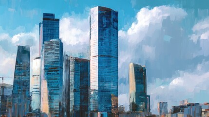 Modern city skyline architectural illustration blue skyscrapers urban design