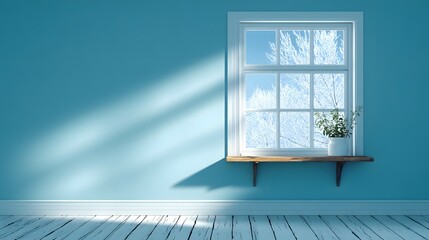 Interior room with window sunlight plant on shelf blue wall and floor.