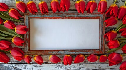 Red Tulips Frame Rustic Wooden Background Mockup