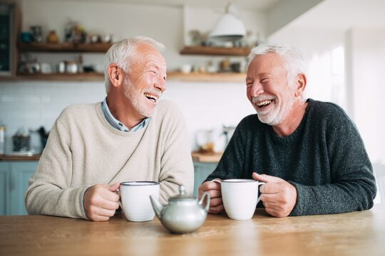 Two jovial senior men laugh heartily while enjoying tea together in a bright kitchen