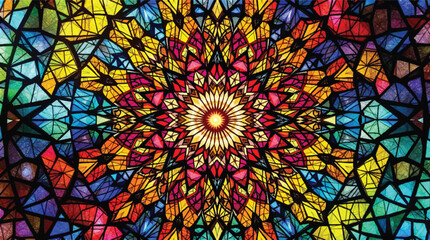 Colorful stained glass abstract pattern of a floral design with vibrant mosaic elements.