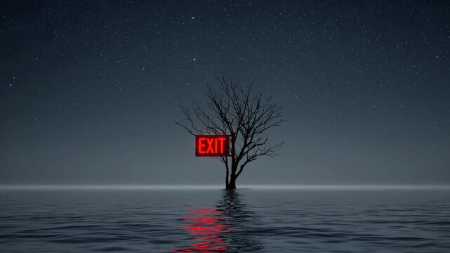Arbre nu avec panneau EXIT rouge au milieu de l&rsquo;eau