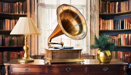vintage golden gramophone in a classic room with bookshelf and elegant furniture retro music player and lamp