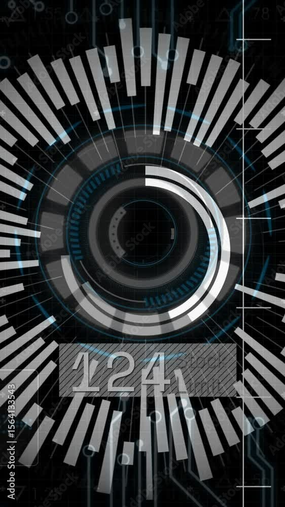 Poster circular bar graph showing financial data overlay with futuristic animation elements