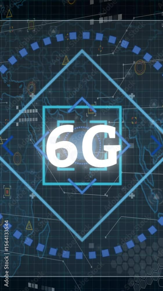 Poster animation of data processing with 6g text over world map on black background