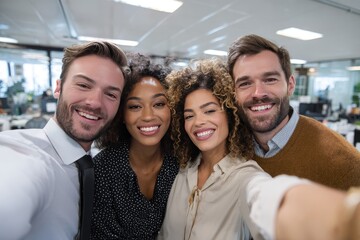Four smiling colleagues take a close-up selfie together in a bright modern office setting