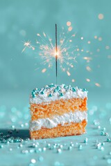 Sparkler on Delicious Cake Slice with Blue Decorations and Bokeh