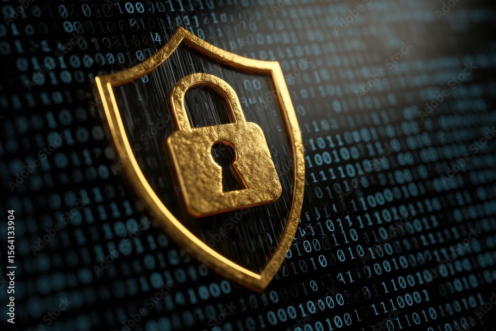 Poster a shield with a padlock icon on a binary code background, a symbol of data protection and cybersecur