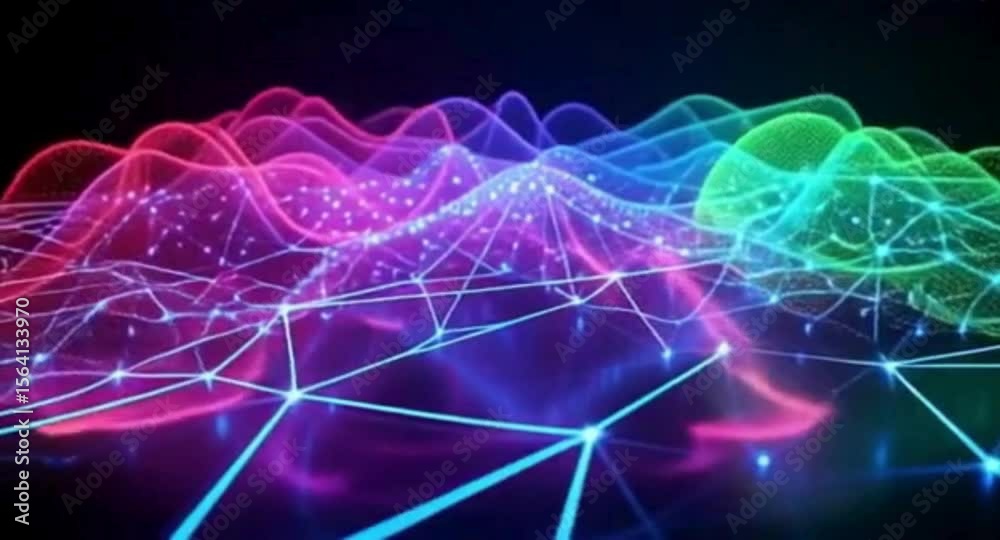 Poster abstract futuristic network visualization with glowing nodes and colorful waves on a dark background