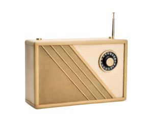 Vintage beige radio with golden details and antenna displaying tuning dial