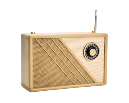 Vintage beige radio with golden details and antenna displaying tuning dial