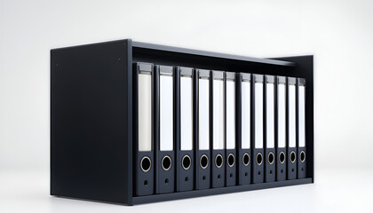 Arranged office binders stand neatly within a black shelving unit, creating a well-organized filing system for business documents.
