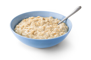 Oatmeal porridge in blue bowl isolated on white