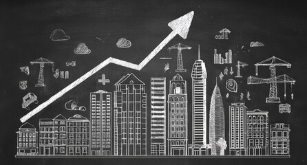 Chalkboard sketch of a cityscape with an upward trending arrow, construction cranes, and various economic growth symbols, suggesting urban development and prosperity