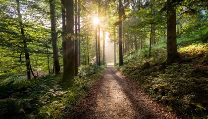 sunbeams through forest trees a serene and scenic path in nature s woodland