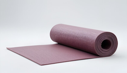 Obraz premium An unrolled mauve yoga mat sits partially rolled on a seamless white backdrop for fitness, exercise, and mindful wellness.