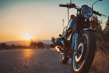 Naklejka premium Classic motorcycle parked on a winding road at sunset, bathed in warm golden light, overlooking a hilly landscape
