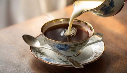 pouring milk into black coffee in vintage porcelain teacup on floral saucer with silver spoon in soft morning light
