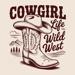 A charming design shows cowgirl life in the wild west with a cowboy boot and hat amidst a rustic landscape, perfect for scalable graphics and vintage themed artwork.