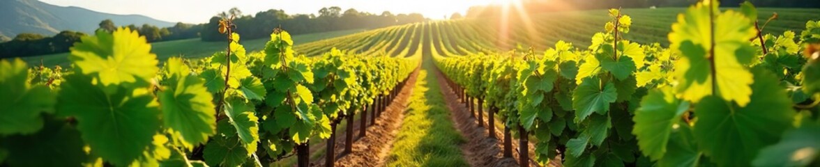 Obraz premium Sun-Drenched Vineyard Hillside Rows of Ripe Wine Grapes Ready for Harvest