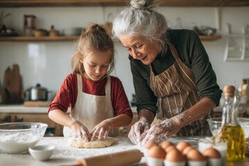 A grandmother and granddaughter joyfully bake together in a warm, sunlit kitchen, kneading dough on a floured countertop amidst baking ingredients