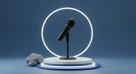 A black microphone on a stand is centered in a blue studio