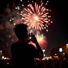 man taking photo fireworks display night man standing front crowd people holding camera his hands fireworks exploding sky creating beautiful display colors shapes sky dark fireworks bright vibrant