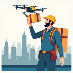man wearing blue uniform yellow hard hat carrying large orange box his back standing front city skyline tall buildings background man holding small drone his right hand flying above his head drone