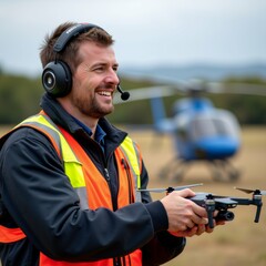 man wearing black jacket orange high visibility vest holding small drone his hands wearing headset microphone has big smile his face appears happy background blue helicopter parked grassy field sky