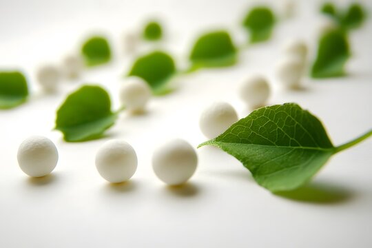 White Homeopathic Pellets with Green Leaves, Natural Medicine Concept