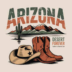 Arizona desert landscape art showcases a cactus, mountains, cowboy hat, and boots, evoking a retro wild west spirit suitable for posters and apparel designs.