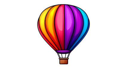 Colorful hot air balloon sticker displays a spectrum of colors with distinct lines and a small basket.