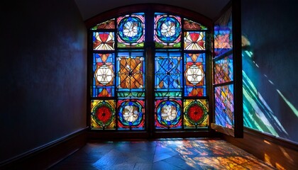 Obraz premium illuminated stained glass window with colorful light casting shadows in a dark room architectural design