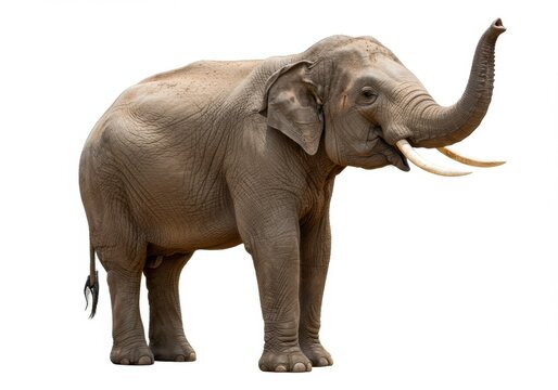 An asian elephant stands isolated on white background, its trunk raised
