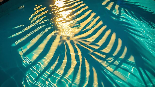Palm Shadows Dancing in Turquoise Water,A Tropical Oasis: Sunlight and Palm Frond Reflections in a Serene Swimming Pool