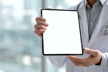 Close-up of a doctor in a white coat holding a tablet with a blank white screen, showcasing medical technology in a modern office setting