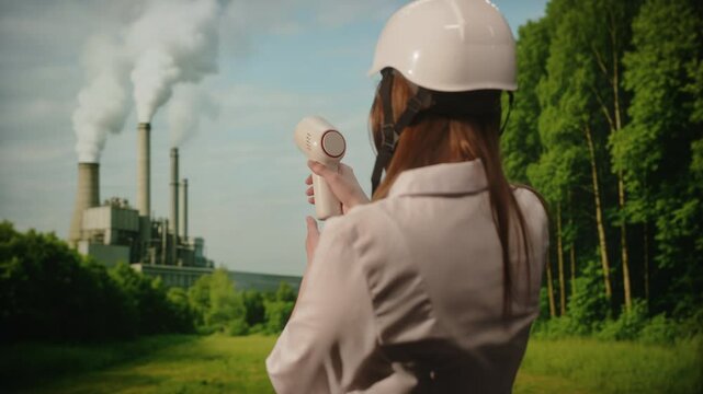 Female engineer measuring emissions near industrial plant