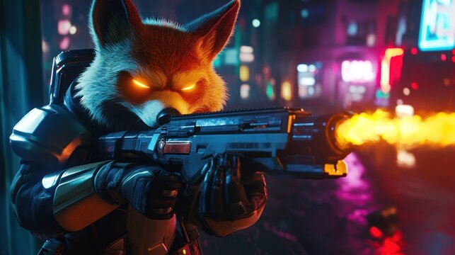 Fototapeta Raccoon like video game character with flamethrower in a neon city at night