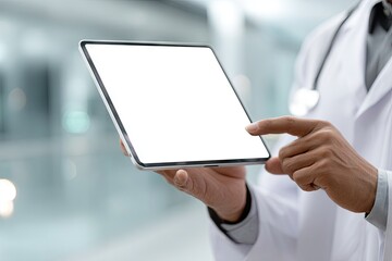 Close-up of a doctor's hands holding a tablet with a blank white screen, lightly touching the display in a modern, blurred medical setting