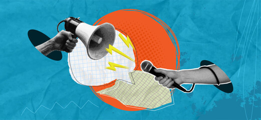 Trendy Halftone Collage Hand holding Megaphone and microphone for media interview and news. Speech bubble messages. Journalist and reporter. Broadcast recording. Contemporary vector illustration art